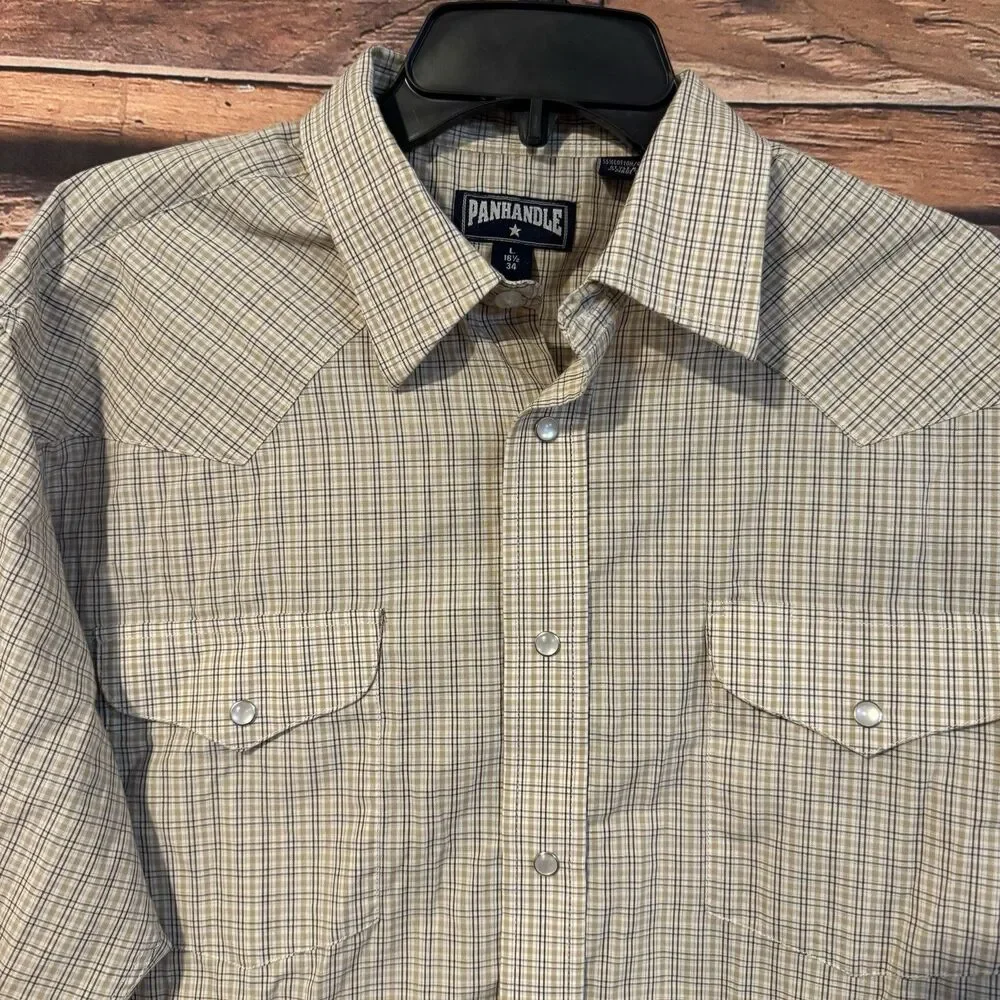 Panhandle Slim Shirt Mens Large 16.5 Pearl Snap Western Plaid Tan Brown Blend